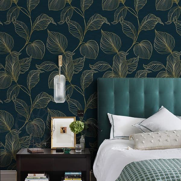 Vintage Classic Dark Blue Leaves PVC Wallpaper Chic Waterproof Peel and Stick Home Decoration Removable Wall Stickers 17.7"*118“