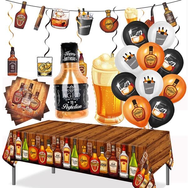 Whiskey Birthday Party Decorations Balloons Hanging Swirls Tablecloth Beers 30th 40th 50th Whiskey Birthdayy Party Decorations