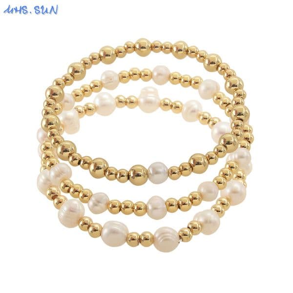 MHS.SUN Elegant Natural Pearl Gold Plated Stainless Steel Beaded Bracelet Handmade Girls Elastic Bracelets Women Gift Jewelry