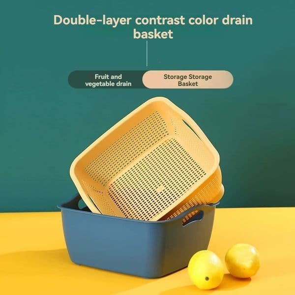 Scandinavian Double-Layer Vegetable Washing Basket Plastic Drain Sieve Basin Kitchen Fruit Storage Basket Storage Fruit and Vege