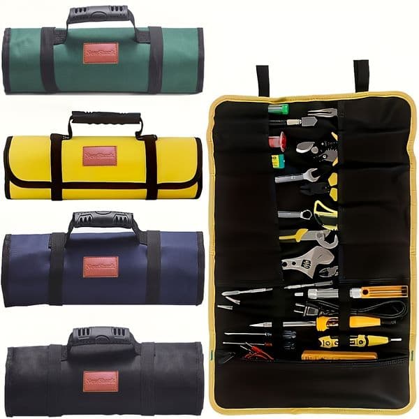 Canvas Roll Up Tool Bag, Multi-Purpose Tool Pouch with Zipped Compartments Heavy Duty Hanging Tool Organizer for Wrench Screwdri