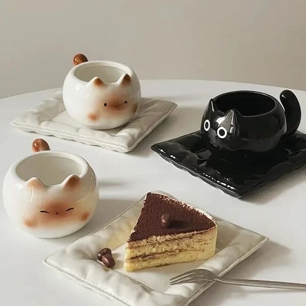 Ceramic Mug Cat Shaped Cup Creative Siamese Coffee 210ml Drinking Breakfast Milk With Mat 250709
