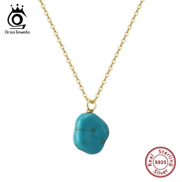 ORSA JEWELS Dainty 14K Gold Turquoise Pendant 925 Sterling Silver Handpicked Turquoise Chain Necklace Jewelry for Women GMN49