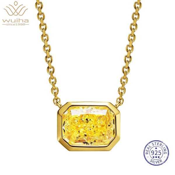 WUIHA 18K Gold Plated 925 Sterling Silver Crushed Ice Cut Citrine Sapphire High Carbon Diamond Gems Pendant Necklaces Jewelry