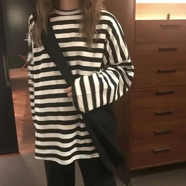 Spring Autumn Women Harajuku Striped T Shirt Long Sleeve O-Neck T-Shirts Korean Casual Oversized T Shirt Femme Black Tops 250707