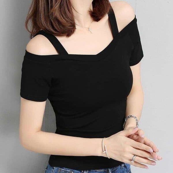 Summer New Korean Style Off-Shoulder Strap Short Sleeve T-Shirt For Women One-Shoulder Sexy Slim Fit Student Top B5