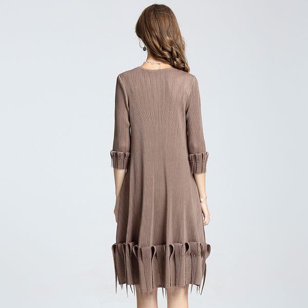 (290) Women's Miyake beaded tassel dress, loose pleated, wide swing, A-line long skirt, drapey small dress