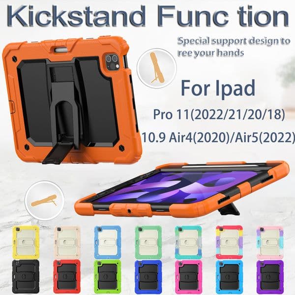 Heavy Duty Armor Case For iPad Pro 11 inch Air 4 Air5 10th Gen 10.9inch Hybrid Silicon + PC Stand Full Body Protective Tablet Cover Shockproof kids Case with Shoulder Strap