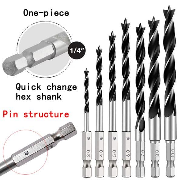 3/4/5/7PCS 1/4" Hex Shank Three-point Woodworking Special Drill Bit 3.0mm-10mm HSS Perforating Electric Drill Rotary Head
