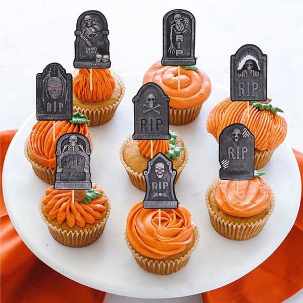 48/16Pcs Halloween Tombstone RIP Cupcake Topper Horror Skeleton Graveyard Gravestone Dessert Cake Toppers Halloween Party decor