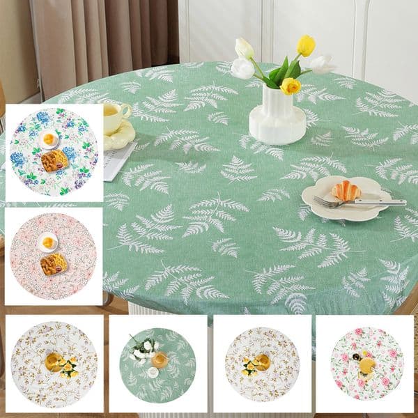 Round Tablecloth Vinyl Flannel Backed Table Cloth Stretchable 120cm Flower Pattern Elastic Table Cover for Dinner Outdoor Picnic