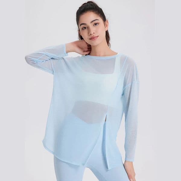 Long Sleeve Yoga Shirt Women Sexy Mesh Breathable Outdoor Running Blouse Solid Color Loose Gym Top Female Workout Clothes 250708