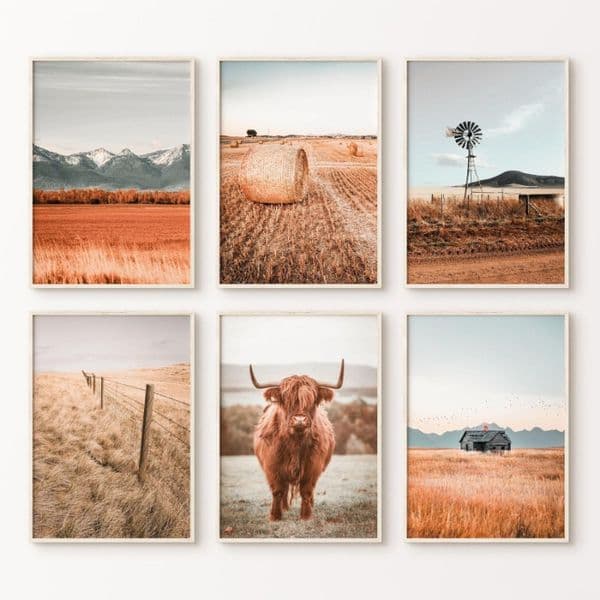 Highland Cow Rustic Farmhouse Western Landscape Modern Posters and Prints Canvas Printing Wall Art Picture for Living Room Decor