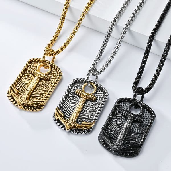 Vintage Stainless Steel Shield Pendant Necklace Gold Plated Mens Jewelry Sweater Chain