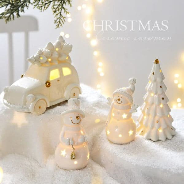Ceramic Christmas luminous snowman luminous car small desktop home ornament Christmas gift