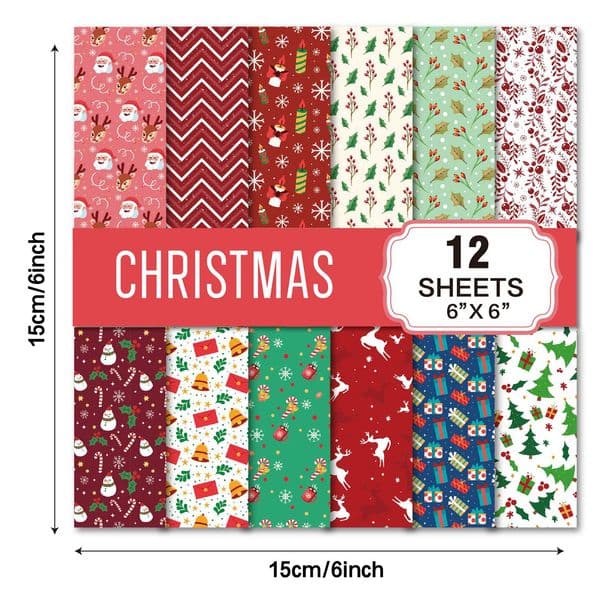 12 Sheet Merry Christmas Scrapbook Paper Pad Plaid Snowflake Deer Pattern Craft Paper For Journal Card Making Gift Box Decoratio