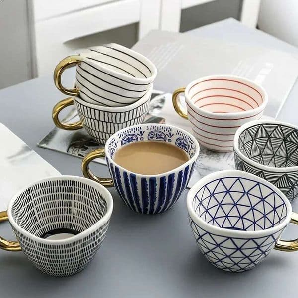 Nordic Hand Geometric Ceramic Mugs With Gold Handle Handmade Irregular Cups For Tea Milk Oatmeal Creative Coffee Cup 240824 B2