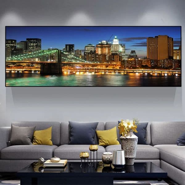 Stunning Night View of Brooklyn Bridge New York City Landscape Canvas Painting Wall Art Posters Prints for Room Home Decor No