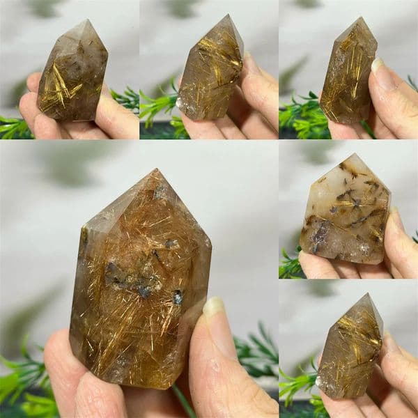 Crystal Smoky Quartz Natural Tower Point Wand Gold Hair Rutile Healing Living Spiritual Minerals Home Decoration Feng Shui 250711BJ