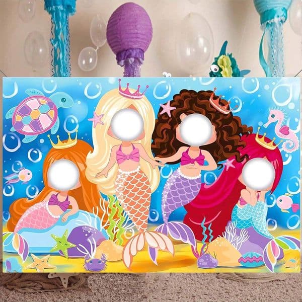 1pcs Mermaid Fun Face Openness Background Cloth Mermaid Theme Birthday Party Photo Decoration Props