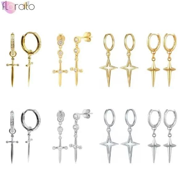 High Quality 925 Sterling Silver Needle Metal Dagger Cross Pendant Hoop Earrings for Women Charm Sword Earring Vintage Jewelry