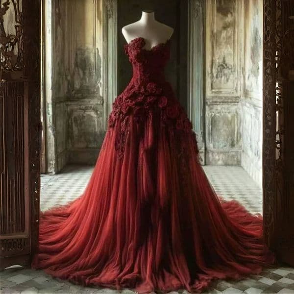 Vintage Victorian Princess Prom Dresses With Hand Made Flowers Lace Appliques Dark Red Masquerade Dress Classic Strapless Long Evening Gown Youmaigowns
