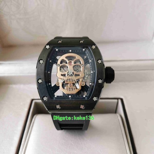 Excellent quality mens watches 50mm 52-01 black case yellow Skull Sapphire Glass Rubber Bands Strap Automatic mechanical movement man watch men wristwatche