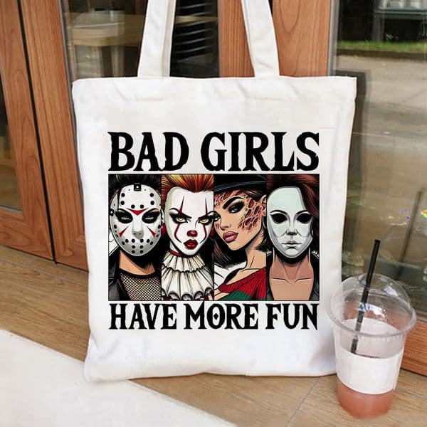 Bad Girls Have More Fun Scary Killer Horror Tote Bag Large Capacity Shopping Bags Cartoon Female Shoulder Handbag Girl Handbags