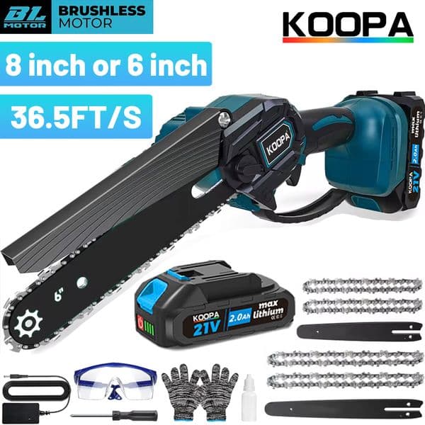 Koopa Tool Brushless 6 or 8 inch mini chainsaw, 2.0Ah battery portable handheld chainsaw for wood cutting, branch pruning