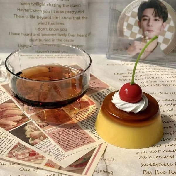 Cherry Cream Pudding Ornaments 2D Gu Mei Po Props Desktop With Tea Drop Glue Cute Girl Animation Desk Decoration 250711