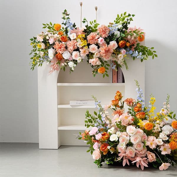 Pink Orange Rose Green Leaf Hyacinth Mantelpiece Arrangement Floral Wedding Decorations For Reception Aisle Floor Flower Row
