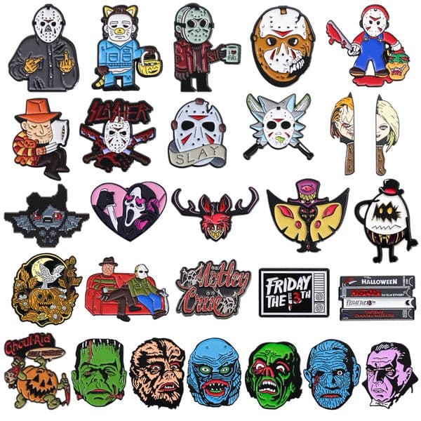 Gothic Horror Brooch Mask Killer Blood Knife Dagger Bat Ghost Pumpkin Skull TV Video Thriller Movie Badge Punk Lapel Pin Jewelry
