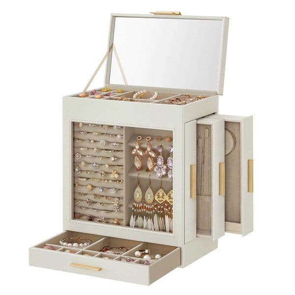 SONGMICS Jewelry Box with Glass Window 5-Layer Jewelry Organizer with 3 Side Drawers Jewelry Storage with Large Mirror Modern Z250712