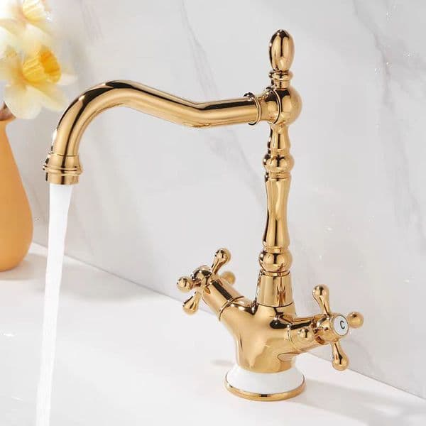 French Style Copper Wash Double Handle Ceramic Base Hot and Cold Rotatable Basin Faucet