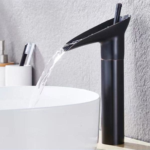 Antique Copper European Style Waterfall Hot and Cold Water Countertop Basin Black Faucet