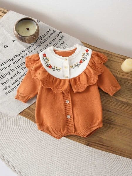 Baby Girl Knitted Romper Floral Embroidery Ruffled Collar Long Sleeve Button Front Color Block Spring Autumn Toddler Jumpsuit W250712