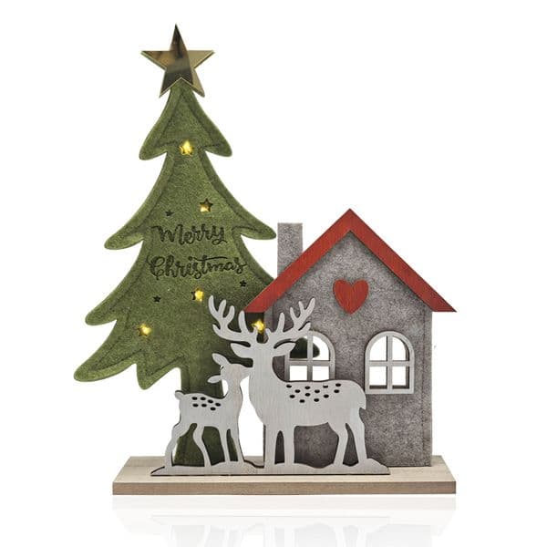 Large pine Christmas tree ornament with 5 lights, small house and two deer decorations, festive table decoration, creative standing wooden ornament