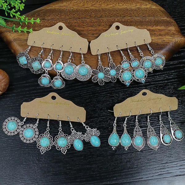 Ethnic Style Ancient Silver Accessory With Turquoise Inlaid Flower Colored Diamond Pendant Earrings Compact Gifts 250711