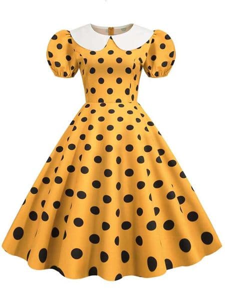 Peter pan Collar Elegant Women Summer Puff Short Sleeve Polka Dot Vintage Dress A-line Midi Party Sundress dongdumaoyi