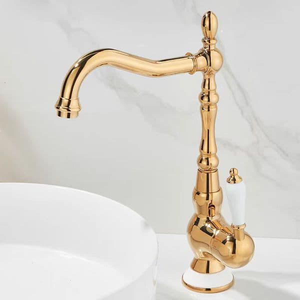 French Style Copper Gold Kitchen Sink Vegetable Washing Basin Hot and Cold Rotatable Ceramic Faucet