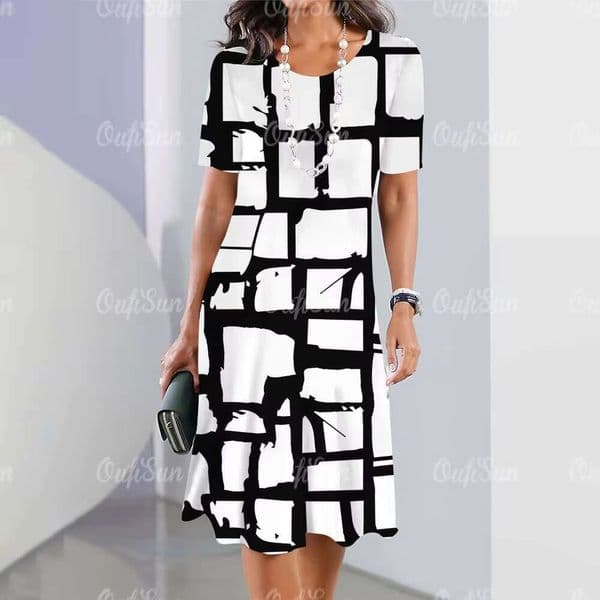 New Womens Striped Printed Elegant Casual Vintage Dresses, Y2k Bohemian Style, Fashion Large Size Short Sleeve Dress dongdumaoyi