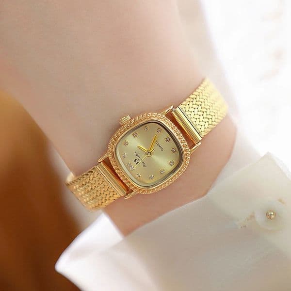 Womens Watches Golden Vintage Watch Stainless Steel Wheat Strap Minimalist Quartz Wristwatch For Women 250711