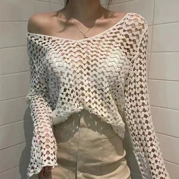 Sheer Crochet Top Long Sleeve Heart Embroidery Openwork Knitted Blouse Pullover Summer Boho Vacation Beach Outfit 250707