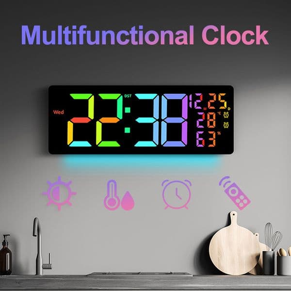 Colorf Digital Alarm Clock RGB Large Wall Clock 12/24H Remote Control Brightness Adjustment Mtifunctional LED Wall Clock Y260516