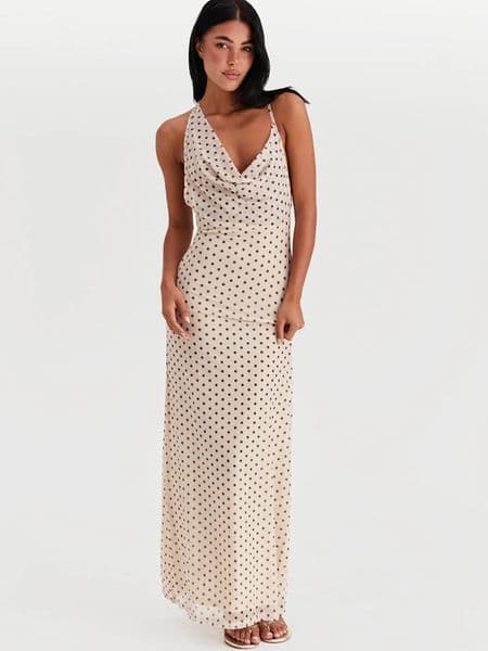 JULISSA MO Printed Polka Dots Maxi Dress For Women White Backless Spaghetti Strap Dress Spring Skinny Casual Party Evening Dress