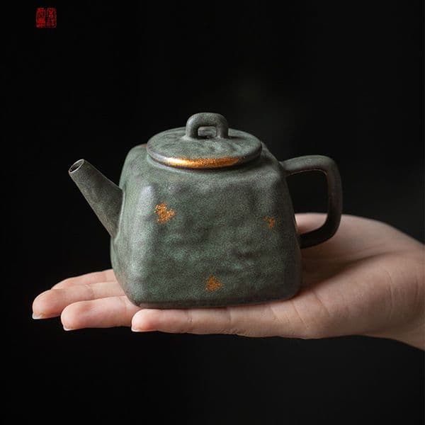 Xiyuanji Bronze Green Painted Gold Square Pot Ceramic Teapot Home Tea Pot 2024 New Tea Pot Single Pot Tea Set