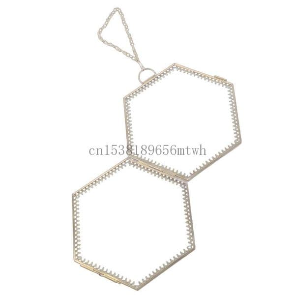 Brass Hexagonal Hanging Frame with Clear Double Glass Photo Frame for Showcasing Pressed Flowers and Artwork Wall Decors B03D