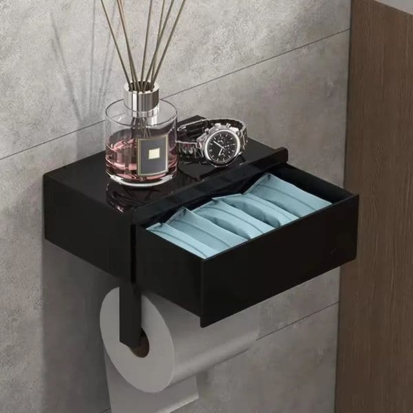 1pc Sleek Black Wall - Mounted Toilet Paper Holder with Shelf - No - Drill Durable Bathroom Organizer for Essentials 250712