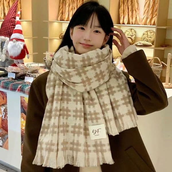 New No. 709 Retro atmosphere plaid scarf for women, long tassel shawl for winter, thickened and warm scarf