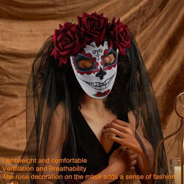 Scary Bride Mask Novelty Halloween Costume Mask Rose Veil Mask Long-Lasting For Day Of The Dead Celebration Masquerades